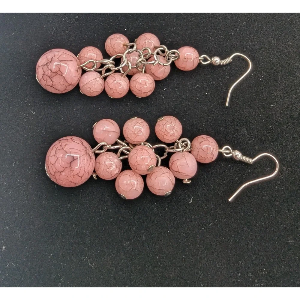 Pink‎ Crackle Glass Bead Cluster Dangle Earrings Silver Tone Fishhook Statement